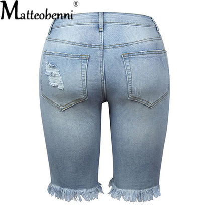 Ripped Jeans Summer Street Tassel High Elastic Skinny Pants Mid Waist Five Points Pants Women Slim Hole Ladies Casual Shorts