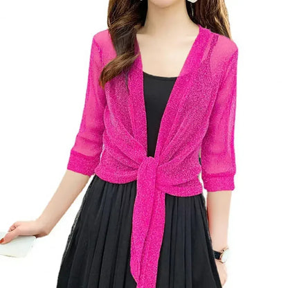 Women's Sheer Glitter Lace-up Cardigan Half Sleeve Summer Lightweight Jacket See-through Loose Blouse Women