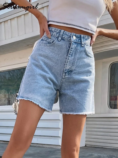 Streamgirl Blue Women's Denim Shorts Summer High Waist Casual Chic Loose Jean Shorts For Women Summer  Denim Short Femme