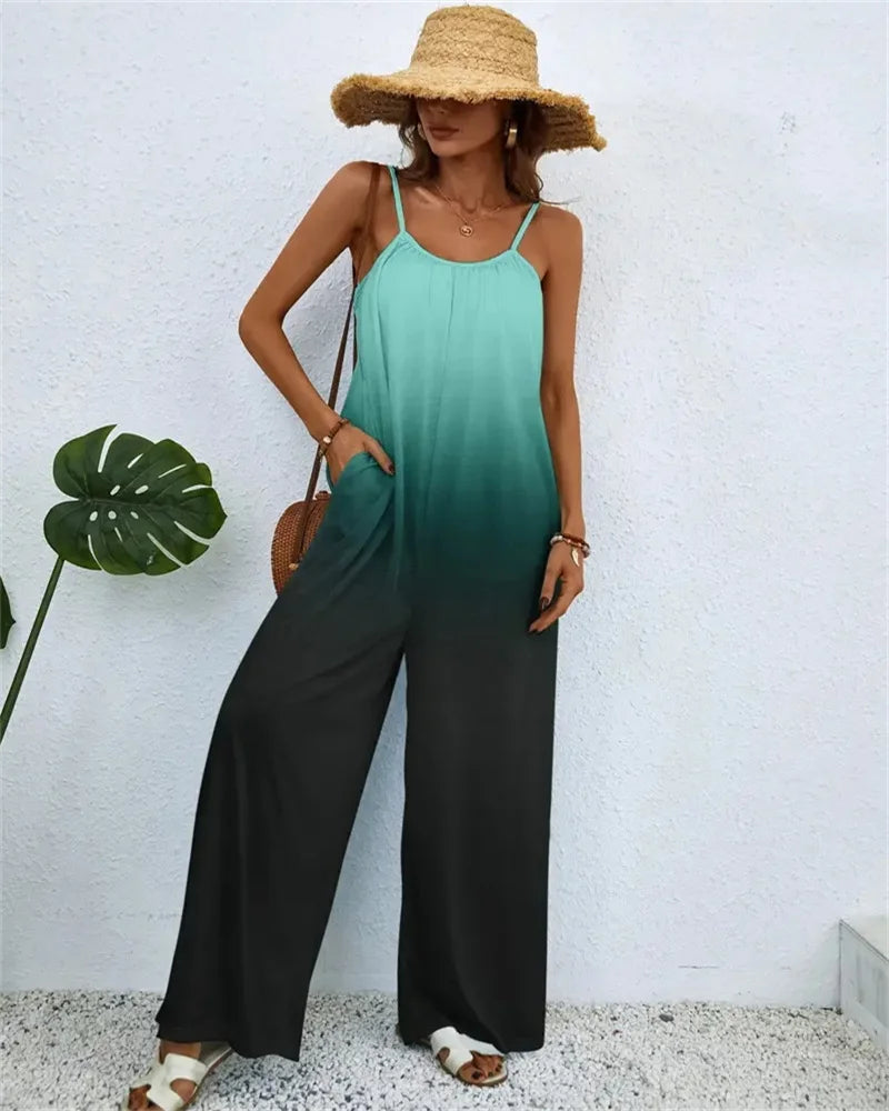 Spring and summer  ladies digital printing color gradient sleeveless casual baggy jumpsuit