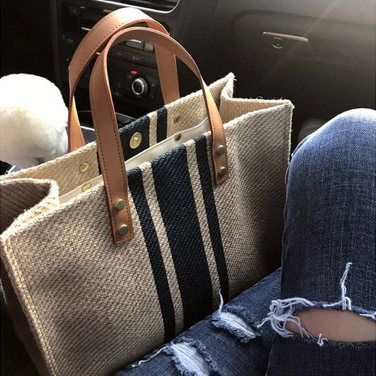 Women's Top Handbag Large Capacity Casual Shoulder Crossbody Simple Canvas Stripe Decoration Bucket Tote Bag