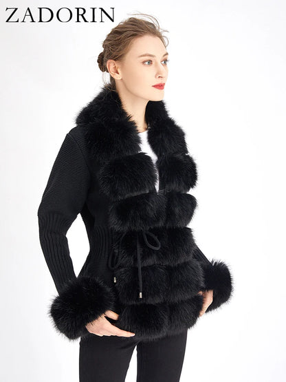 ZADORIN Luxury Fur Cardigan Knit Winter Sweater Women Elegant Detachable Fur Belt White Pink Black Womens Cardigan Korea Style