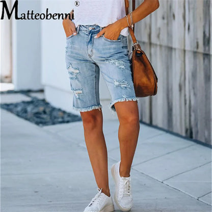 Ripped Jeans Summer Street Tassel High Elastic Skinny Pants Mid Waist Five Points Pants Women Slim Hole Ladies Casual Shorts