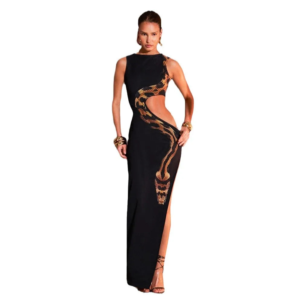 European and American Style Women's Summer New Sleeveless Sexy Slim Split Long Skirt Hollow Out Dress Gown