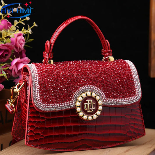 Fashion Diamonds Women Handbags Red Genuine Leather Lady Shoulder Messenger Bag Crocodile Pattern Portable Shell Tote Bags