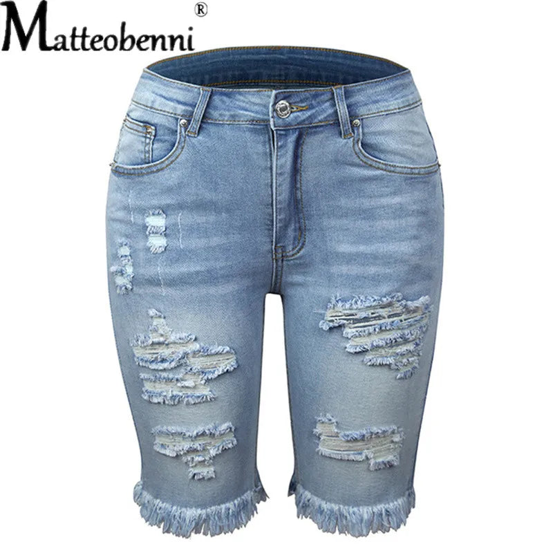 Ripped Jeans Summer Street Tassel High Elastic Skinny Pants Mid Waist Five Points Pants Women Slim Hole Ladies Casual Shorts