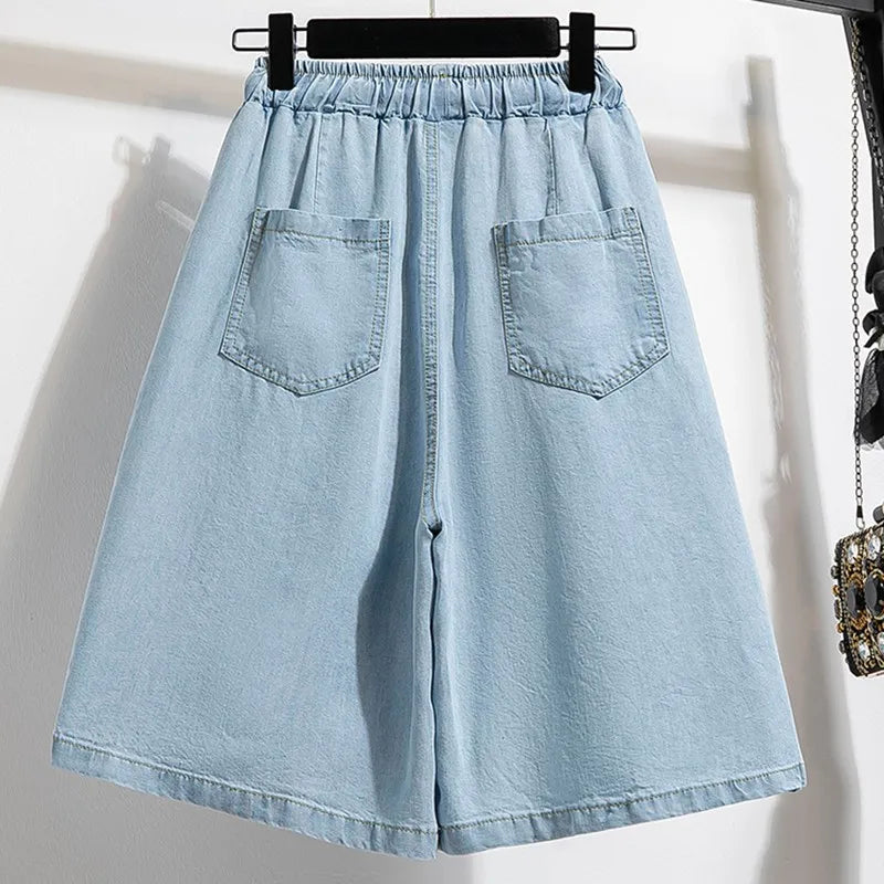 Women Summer Casual Short Jeans New Arrival Korean Style Solid Color Basics Loose Female Knee Length Denim Pants B3677