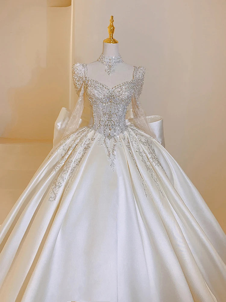 New Sweet Square Collar Satin Wedding Dress Plus Size Custom Lace Up Luxury Bridal Ball Gown Vestido De Noiva Floor Or Train