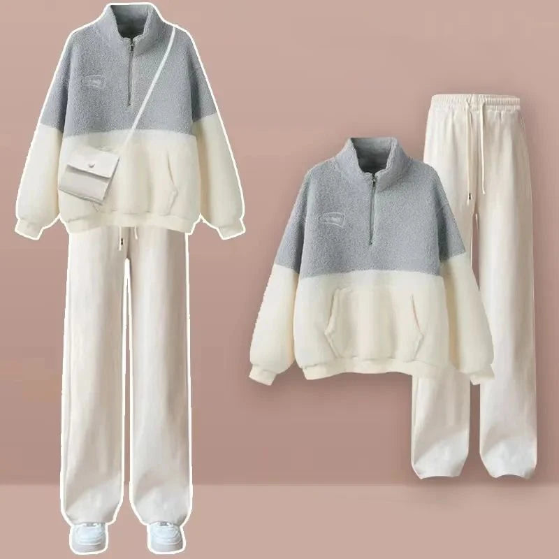 Autumn and Winter Thick Corduroy Hoodie Top Plush Wide Leg Pants Two Piece Set Women's Pants Set Warm Outfits