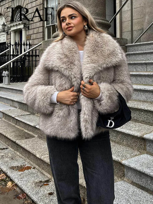 TRAF  Women Fashion Cropped Faux Fur Jacket Coat Long Sleeve Front Snap-button Female Outerwear Chic Lapel Collar Thick Coat