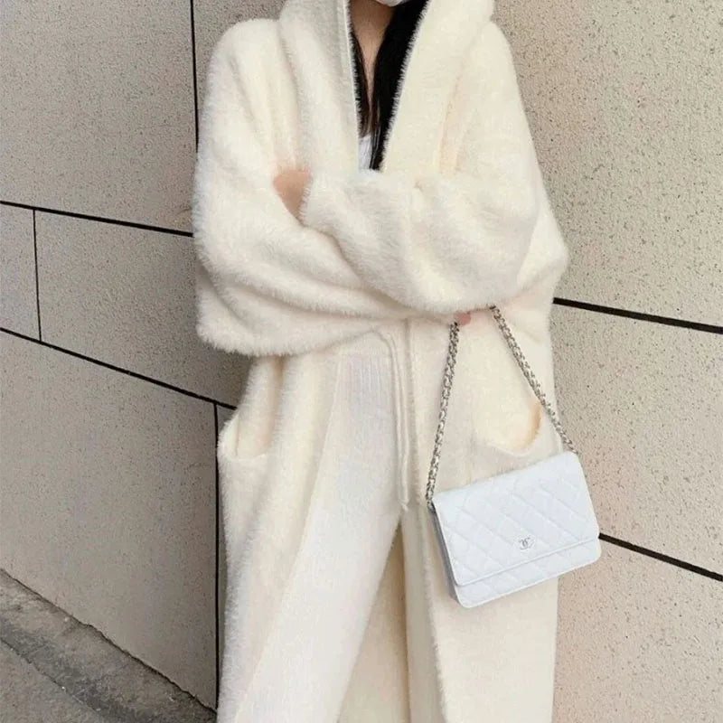 white Long Cardigan for women winter clothes Knitted fluffy long sleeve Cashmere sweater coat clotkorean style warm vintage