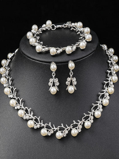 4pcs women's jewelry set with pearl rhinestone necklace, earrings, bracelets, bride's wedding accessories