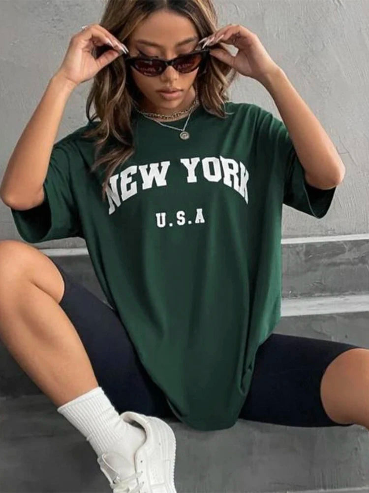 Blessyuki New York Letter Print T-shirts Female Summer Basic O-neck Tees Casual Retro Streetwear Ladies Harajuku Plus Size Tops