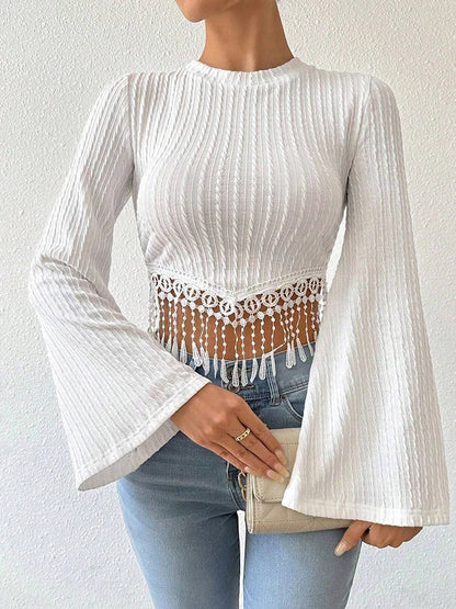 Women's Flare sleeve Tassel Casual Slim T-shirts,Women Clothing,Women Top,Crop Top,Tops For Women,Woman Clothes