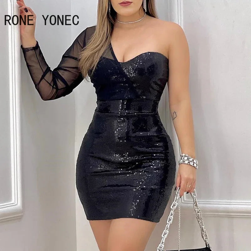 Women Chic Sequins One Shoulder Long Sleeves Sexy Mini Bodycon Party Dresses