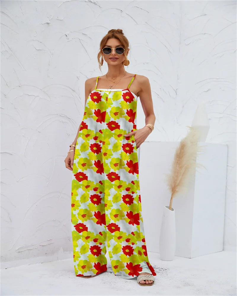 Spring and summer  ladies digital printing color gradient sleeveless casual baggy jumpsuit