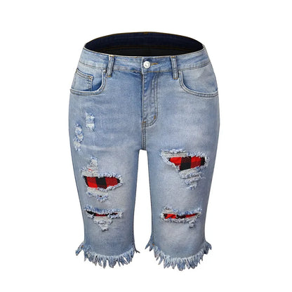 Ripped Jeans Summer Street Tassel High Elastic Skinny Pants Mid Waist Five Points Pants Women Slim Hole Ladies Casual Shorts