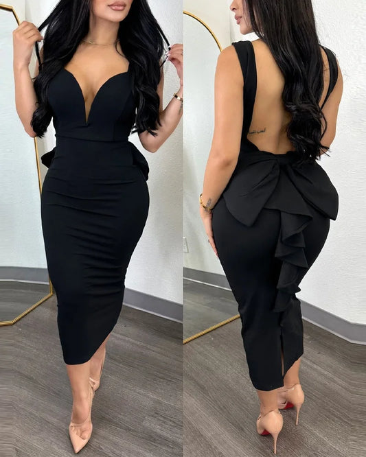 Sexy Plunge Ruffle Dresses for Women Elegant Thick Straps Deep V Neck Bow Decoration Backless Midi Sexy Formal Party Dress