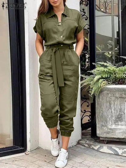 ZANZEA Summer Fashion OL Work Jumpsuits Vintage Cargo Rompers Woman Lapel Neck Short Sleeve Playsuits Elegant Party Overall