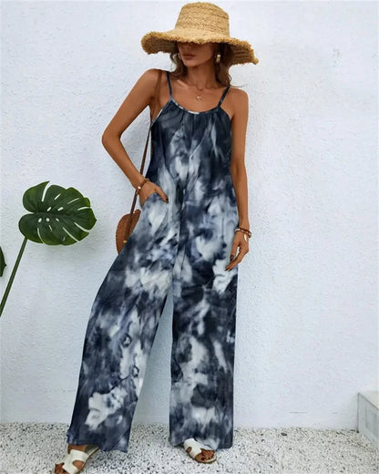 Spring and summer  ladies digital printing color gradient sleeveless casual baggy jumpsuit